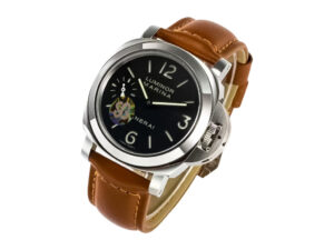 Luminor Marina Stainless Steel watch with black dial, 44mm case, and brown leather strap displayed at an angle.