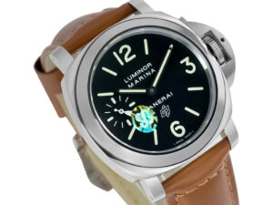 Luminor Marina Logo Stainless Steel watch with a black dial, luminous markers, and brown strap (44mm) displayed at an angle.