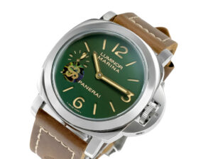 Luminor Marina 8 Days 'Paneristi' watch with stainless steel case, green dial, gold accents, and brown leather strap.