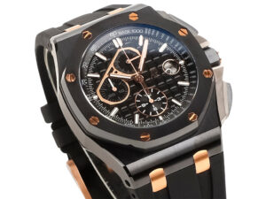 Royal Oak Offshore Chronograph Gims Ceramic with black dial, 44mm case, rose gold accents, and black strap.