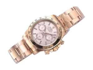 Cosmograph Daytona Rose Gold watch with Diamond Pink Dial, featuring a polished rose gold bracelet and chronograph subdials.