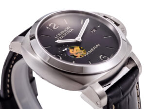 Luminor 1950 3 Days Automatic Stainless Steel watch with a black dial and black strap, featuring a sleek 44mm design.