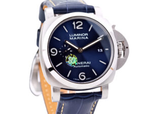 Luminor 1950 Marina 3 Days Automatic watch with stainless steel case, blue sunburst dial, and matching blue strap (44mm).