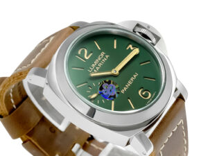 Luminor Marina 8 Days watch with stainless steel case, green dial, leather strap, and visible sub-dial on product display.