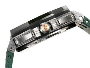 Side profile of the Royal Oak Offshore Chronograph Ceramic with green dial and bezel, highlighting its 44mm case and pushers.