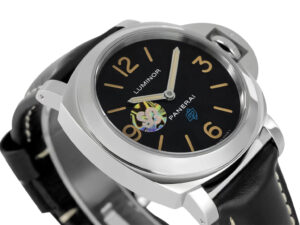 Luminor Base Logo Paneristi 15th Anniversary watch with stainless steel case, black dial, and black leather strap.
