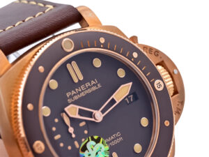 Close-up view of the Luminor Submersible 3 Days Automatic 'Bronzo' watch with bronze case, titanium caseback, and brown dial.