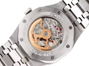 Back view of the Royal Oak ‘Perpetual Calendar’ Stainless Steel (41mm) showcasing its intricate movement and rotor design.