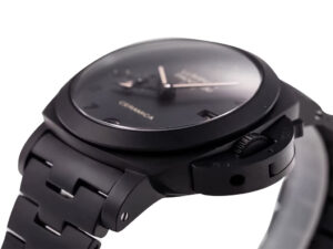 Luminor 1950 3 Days GMT Automatic ‘Tuttonero’ watch with black ceramic case and bracelet, showcased at an angle.