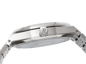 Side view of the Royal Oak Stainless Steel '50th Anniversary' watch with octagonal bezel, showcasing signature crown.