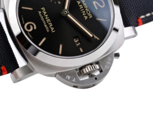 Close-up of the Luminor 1950 44 3 Days Automatic 'Roma' watch with stainless steel case and black sunburst dial.
