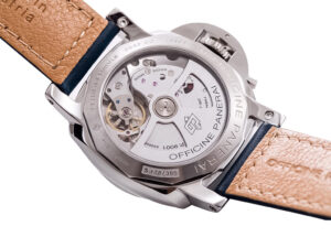 Back view of the Luminor 1950 3 Days GMT Automatic Acciaio ‘Boutique Blue’ watch showing its stainless steel case & movement.