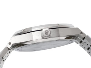 Side view of Royal Oak Stainless Steel ’50th Anniversary’ with Green Dial (41mm), polished edges and engraved crown.