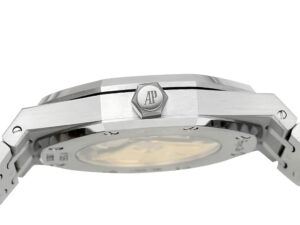 Side view of the Royal Oak Frosted Stainless Steel with Grey Dial (41mm), showcasing its textured bezel and branded crown.