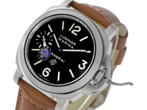 Luminor Marina Logo Stainless Steel watch with black dial, brown leather strap, and 44mm case displayed at an angle.