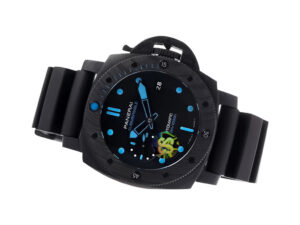 Luminor Submersible 42 3 Days Automatic watch with Carbotech forged carbon case, black dial, and blue accents.