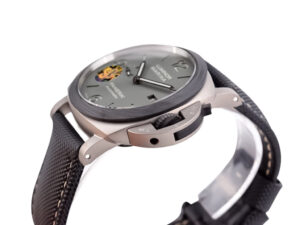 Luminor 1950 44 3 Days Automatic ‘TuttoGrigio’ watch with titanium case, forged carbon bezel, and textured black strap.