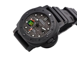 Luminor Submersible 47 Luna Rossa Carbotech watch with a forged carbon case, bezel, and textured grey carbon dial.