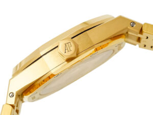 Side view of the Royal Oak Yellow Gold with Blue Dial (37mm), highlighting its polished case and signature AP crown detail.