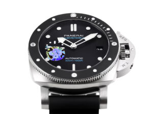Luminor Submersible 42mm watch with stainless steel case, black ceramic bezel, black dial, displayed front view.