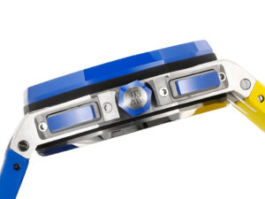 Side view of the Royal Oak Offshore Chronograph 'Ukrainian Flag' (44mm) featuring blue and yellow design accents.