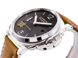 Luminor Due 42 3 Days Date watch with stainless steel case, grey sunburst dial, and brown strap displayed at an angled view.