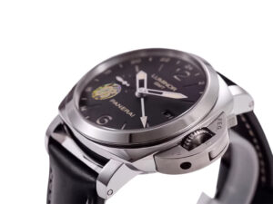Luminor 1950 3 Days GMT 24h Automatic Acciaio watch with stainless steel case, black dial, and black leather strap.