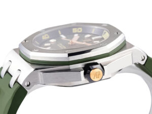 Side view of the Royal Oak ‘Offshore Diver’ Stainless Steel watch with a green dial and matching green strap, featuring logo.