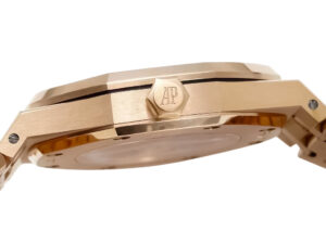 Side view of the Royal Oak Pink Gold Openworked Double Balance Wheel (41mm) showcasing its elegant pink gold casing.