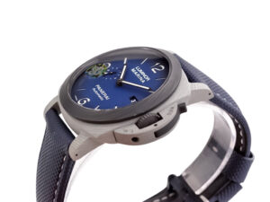Luminor 1950 44 3 Days Automatic 'Volcano Blu – Fibratech' wristwatch with blue dial and composite case, displayed on strap.