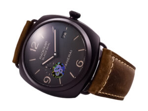 Radiomir Composite Black Seal 3 Days Automatic watch with brown dial, brown leather strap, and case displayed at an angle.