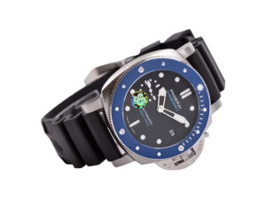 Luminor Submersible 42 3 Days Automatic 'Azzurro' watch with stainless steel case, blue ceramic bezel, and black strap.
