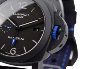 Luminor 1950 44 GMT Automatic ‘Bucherer Blue Label Edition’ watch with DLC coated ceramic case and blue accents.