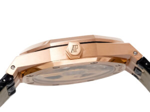 Side view of the Royal Oak Pink Gold '50th Anniversary' watch with black dial and leather strap, showcasing its 41mm case.
