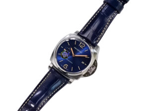 Luminor Due 42mm automatic titanium watch with a blue dial, silver-tone markers, and a blue alligator leather strap.