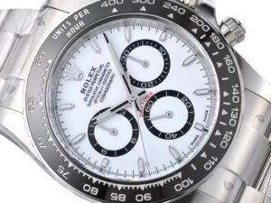 Cosmograph Daytona Stainless Steel ‘Panda’ (2023) with white dial, black sub-dials, and stainless steel bracelet.
