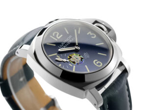 Luminor Marina Logo 3 Days ‘Blu Mare Edition’ watch with stainless steel Bettarini-style case and blue dial displayed.