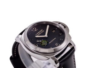 Luminor 1950 Marina 3 Days Automatic Stainless Steel watch with black dial, date display, and black leather strap (44mm).
