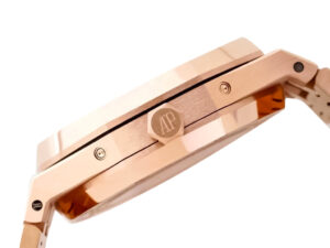 Side view of Royal Oak ‘Perpetual Calendar’ Pink Gold watch with silver dial, showcasing 41mm case and polished finishing.