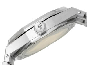 Side view of the Royal Oak Stainless Steel watch (37mm) showcasing its silver dial, polished finish, and AP-engraved crown.