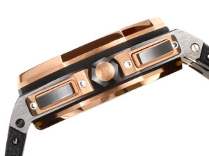 Side view of the Royal Oak Offshore Chronograph Ceramic and Pink Gold watch with grey dial, showcasing its details.