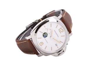 Luminor Due 42 Automatic watch with stainless steel case, white dial, and brown leather strap displayed at an angle.