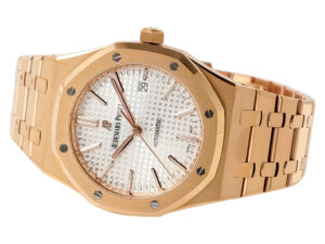 Royal Oak Pink Gold watch with a 41mm case, silver dial, and pink gold bracelet displayed at an angled view.