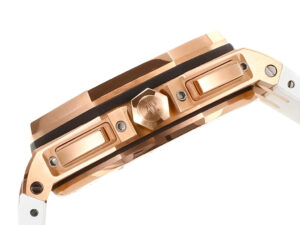 Side view of the Royal Oak Offshore Chronograph Pink Gold White Dial (44mm), showcasing its rose gold accents and detailing.