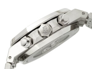 Side view of the Royal Oak Chronograph Stainless Steel with Silver Dial (41mm), showcasing the case, crown, and pushers.