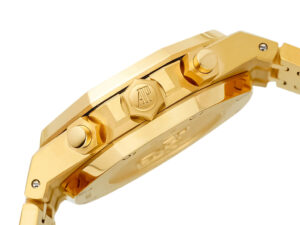 Side view of the Royal Oak Chronograph Yellow Gold with Blue Dial (41mm), highlighting its polished gold case and pushers.