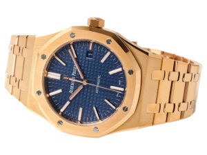 Royal Oak Pink Gold with Blue Dial (41mm) – 15400 luxury watch featuring signature octagonal bezel and bracelet design.