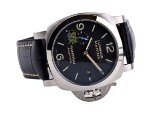 Luminor 1950 44 3 Days Automatic with brushed stainless steel case, polished bezel, black dial, and leather strap.