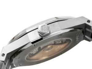 Side view of the Royal Oak Stainless Steel 41mm watch with grey dial, showcasing the crown and caseback details.