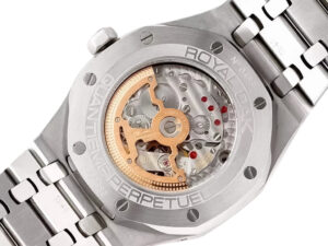 Rear view of the Royal Oak ‘Perpetual Calendar’ Stainless Steel watch showcasing its intricate mechanical movement.